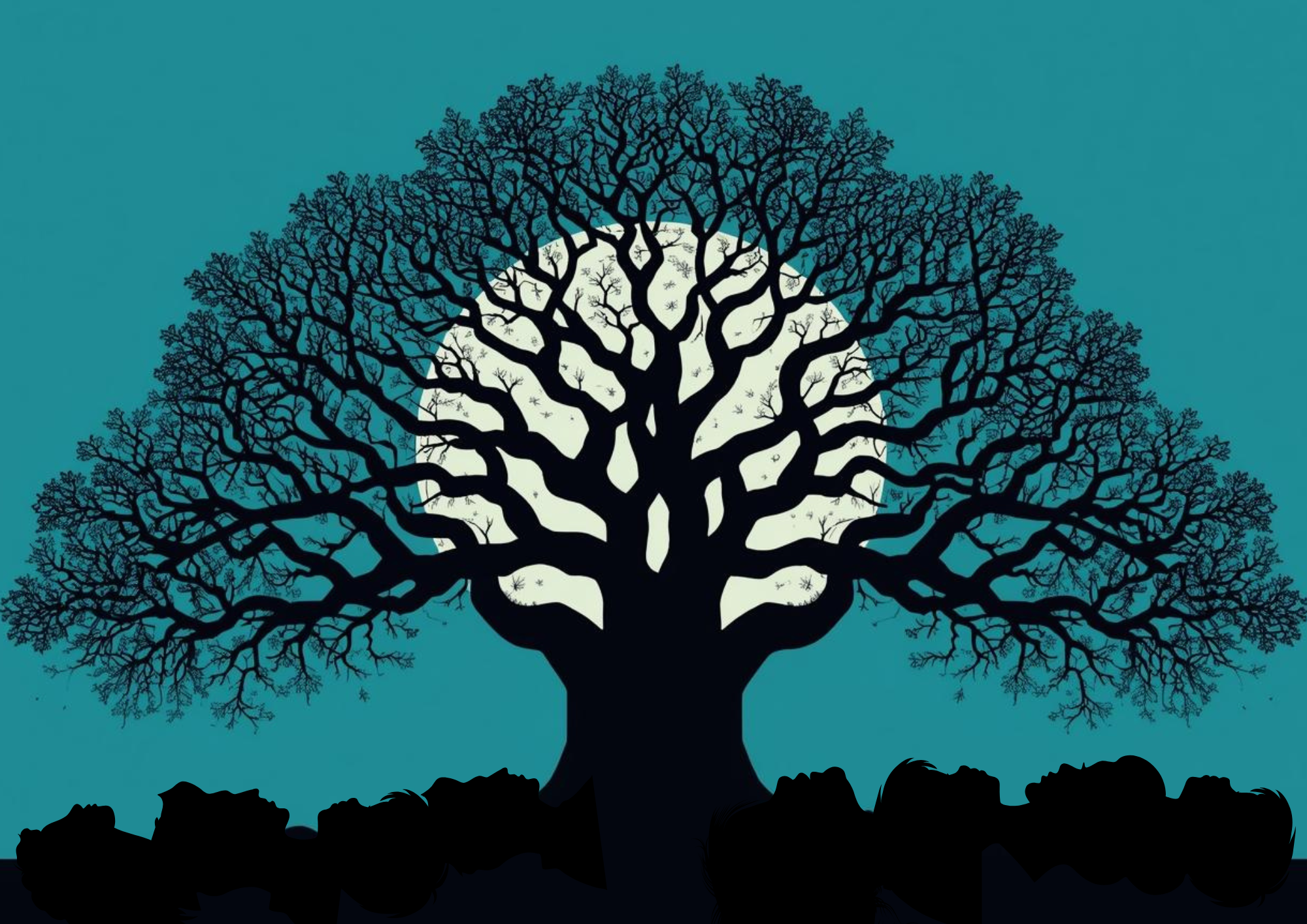 Sous un arbre à palabre sur fond de ciel de pleine lune, visages humains sur la terre.