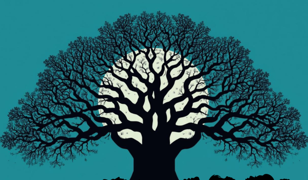 Sous un arbre à palabre sur fond de ciel de pleine lune, visages humains sur la terre.